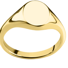 Load image into Gallery viewer, Small Oval signet ring (12x9mm) in 14K Yellow Gold, with a Thin style band.