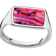 Load image into Gallery viewer, Medium Horizontal Rectangle signet ring (16x11.5mm) in 14K White Gold, with a Thin style band, a Pink Abalone inlay.