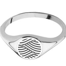 Load image into Gallery viewer, Small Circle signet ring (10mm) in 14K White Gold, with a Thin style band and a Navigator Rev engraving.
