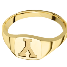Load image into Gallery viewer, Small Cushion signet ring (10x10mm) in 14K Yellow Gold, with a Thin style band and a Brigham Young Block Y engraving.