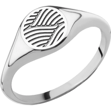 Load image into Gallery viewer, Small Circle signet ring (10mm) in 14K White Gold, with a Thin style band and a Navigator Rev engraving.