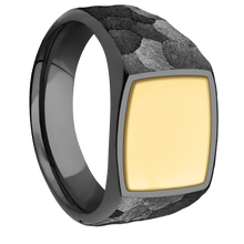 Load image into Gallery viewer, Medium Cushion signet ring (14x14mm) in Zirconium, with a Wide style band, a 14K Yellow Gold inlay.