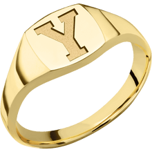 Load image into Gallery viewer, Small Cushion signet ring (10x10mm) in 14K Yellow Gold, with a Thin style band and a Brigham Young Block Y engraving.