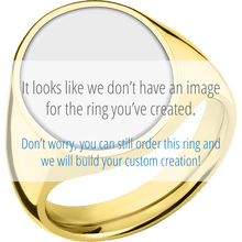 Load image into Gallery viewer, Large Oval signet ring (20x16mm) in 14K Yellow Gold, with a Thin style band, a Platinum inlay and an Aquarius Rev engraving.