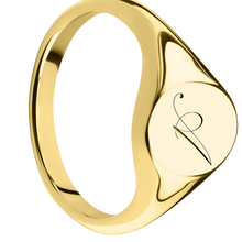 Load image into Gallery viewer, Small Oval signet ring (12x9mm) in 10K Yellow Gold, with a Thin style band and a Kunstler Script 1 engraving.