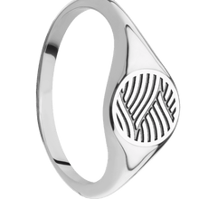 Load image into Gallery viewer, Small Circle signet ring (10mm) in 14K White Gold, with a Thin style band and a Navigator Rev engraving.