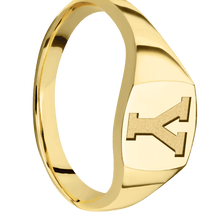 Load image into Gallery viewer, Small Cushion signet ring (10x10mm) in 14K Yellow Gold, with a Thin style band and a Brigham Young Block Y engraving.