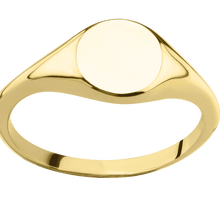 Load image into Gallery viewer, Small Circle signet ring (10mm) in 10K Yellow Gold, with a Thin style band.