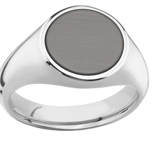 Load image into Gallery viewer, Medium Circle signet ring (14mm) in Palladium Silver, with a Wide style band, a Tantalum Noir inlay.
