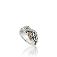 Load image into Gallery viewer, Women's Sterling Silver and 14 karat Yellow Gold Apollo Curve Ring with Pave Diamonds