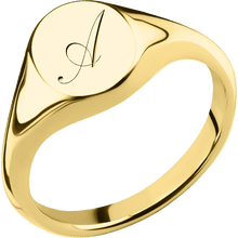 Load image into Gallery viewer, Small Oval signet ring (12x9mm) in 10K Yellow Gold, with a Thin style band and a Kunstler Script 1 engraving.

