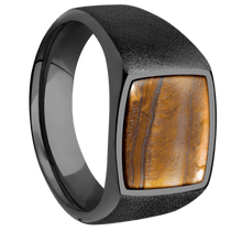 Load image into Gallery viewer, Medium Cushion signet ring (14x14mm) in Zirconium, with a Wide style band, a Tigers Eye inlay.
