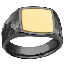 Load image into Gallery viewer, Medium Cushion signet ring (14x14mm) in Zirconium, with a Wide style band, a 14K Yellow Gold inlay.
