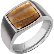 Load image into Gallery viewer, Medium Cushion signet ring (14x14mm) in Titanium, with a Wide style band, a Tigers Eye inlay.
