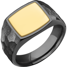 Load image into Gallery viewer, Medium Cushion signet ring (14x14mm) in Zirconium, with a Wide style band, a 14K Yellow Gold inlay.
