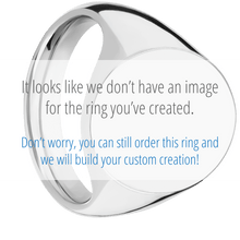 Load image into Gallery viewer, Large Oval signet ring (20x16mm) in Palladium Silver, with a Thin style band, a 10K Yellow Gold inlay and an Aquarius Rev engraving.
