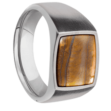 Load image into Gallery viewer, Medium Cushion signet ring (14x14mm) in Titanium, with a Wide style band, a Tigers Eye inlay.
