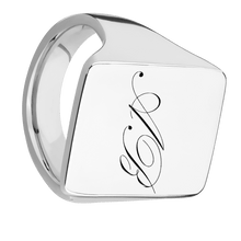 Load image into Gallery viewer, Extra Large Rectangle signet ring (24x17mm) in Palladium Silver, with a Thin style band and a Kunstler Script 2 engraving.
