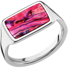 Load image into Gallery viewer, Medium Horizontal Rectangle signet ring (16x11.5mm) in 14K White Gold, with a Thin style band, a Pink Abalone inlay.
