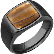Load image into Gallery viewer, Medium Cushion signet ring (14x14mm) in Zirconium, with a Wide style band, a Tigers Eye inlay.
