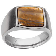 Load image into Gallery viewer, Medium Cushion signet ring (14x14mm) in Titanium, with a Wide style band, a Tigers Eye inlay.
