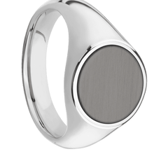 Load image into Gallery viewer, Medium Circle signet ring (14mm) in Palladium Silver, with a Wide style band, a Tantalum Noir inlay.
