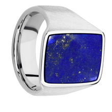 Load image into Gallery viewer, Large Rectangle signet ring (20x14.5mm) in Palladium Silver, with a Wide style band, a Lapis inlay.
