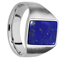 Load image into Gallery viewer, Medium Rectangle signet ring (16x11.5mm) in Palladium Silver, with a Wide style band, a Lapis inlay.
