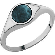 Load image into Gallery viewer, Small Circle signet ring (10mm) in Titanium, with a Thin style band, a Washington Blue Jade inlay.
