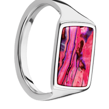 Load image into Gallery viewer, Medium Horizontal Rectangle signet ring (16x11.5mm) in 14K White Gold, with a Thin style band, a Pink Abalone inlay.
