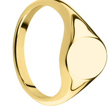 Load image into Gallery viewer, Small Oval signet ring (12x9mm) in 14K Yellow Gold, with a Thin style band.
