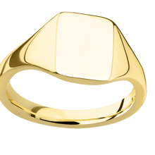 Load image into Gallery viewer, Small Rectangle signet ring (12x9mm) in 18K Yellow Gold, with a Thin style band.
