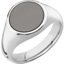 Load image into Gallery viewer, Medium Circle signet ring (14mm) in Palladium Silver, with a Wide style band, a Tantalum Noir inlay.
