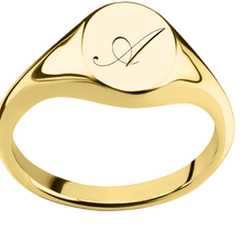 Load image into Gallery viewer, Small Oval signet ring (12x9mm) in 10K Yellow Gold, with a Thin style band and a Kunstler Script 1 engraving.
