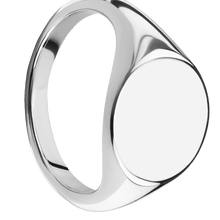 Load image into Gallery viewer, Medium Circle signet ring (14mm) in 14K White Gold, with a Thin style band.

