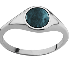 Load image into Gallery viewer, Small Circle signet ring (10mm) in Titanium, with a Thin style band, a Washington Blue Jade inlay.

