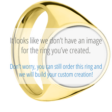Load image into Gallery viewer, Large Oval signet ring (20x16mm) in 14K Yellow Gold, with a Thin style band, a Platinum inlay and an Aquarius Rev engraving.
