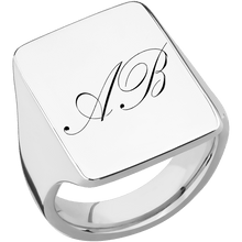 Load image into Gallery viewer, Extra Large Rectangle signet ring (24x17mm) in Palladium Silver, with a Thin style band and a Kunstler Script 2 engraving.

