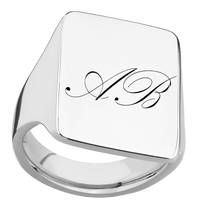 Load image into Gallery viewer, Extra Large Rectangle signet ring (24x17mm) in Palladium Silver, with a Thin style band and a Kunstler Script 2 engraving.
