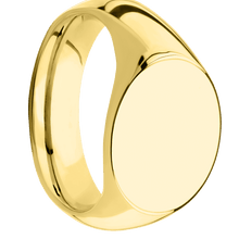 Load image into Gallery viewer, Medium Horizontal Oval signet ring (16x13mm) in 18K Yellow Gold, with a Wide style band.
