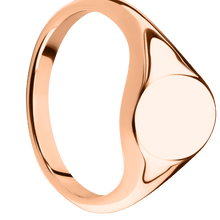 Load image into Gallery viewer, Small Oval signet ring (12x9mm) in 14K Rose Gold, with a Thin style band.
