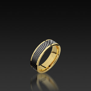 Yellow Gold Flat Band with Flat-twist Damascus Steel