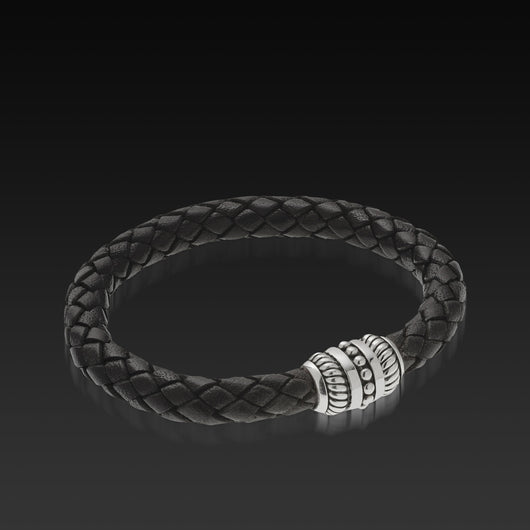 Apollo Men's Sterling Silver Black Leather Bracelet