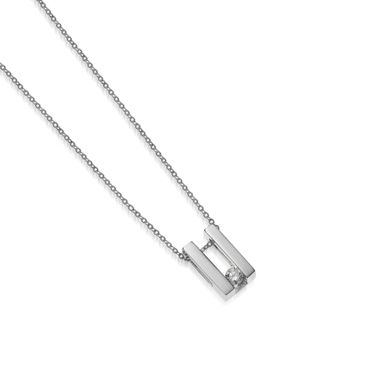 Women's 14 karat White Gold Lines Small Solitaire Diamond Pendant Necklace