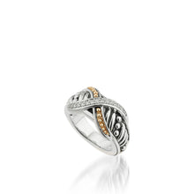 Load image into Gallery viewer, Women&#39;s Sterling Silver and 14 karat Yellow Gold Apollo Curve Ring with Pave Diamonds
