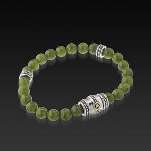 Leather bracelet for men with green Jade and sterling silver beads