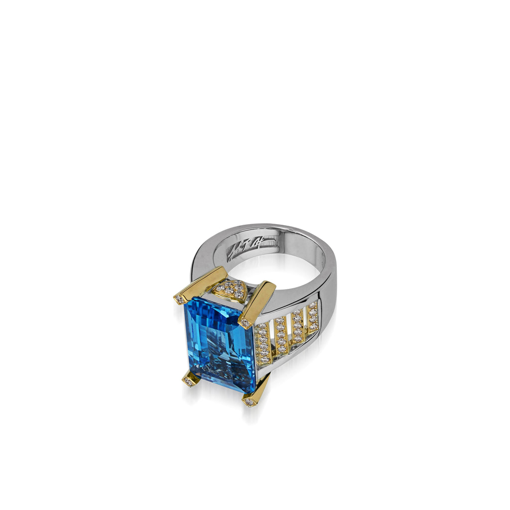 Mens Modern 14K Black and White Gold Blue Topaz Skull Channel Cluster  Wedding Ring R453-14KBWGBT | Art Masters Jewelry