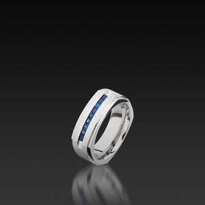Cobalt Chrome Flat Square Band with Grooved Edges and Sapphire Accents
