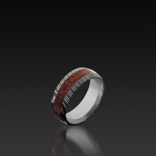 Damascus Steel Domed Band with Dinosaur Bone