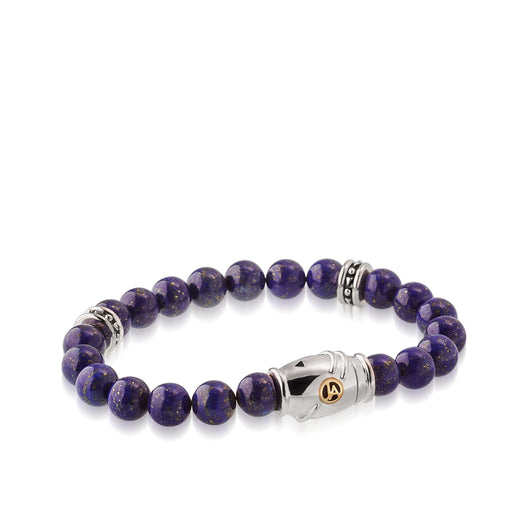 Women's Sterling Silver with 14 karat Yellow Gold Solar Lapis Beaded Bracelet with magnetic clasp